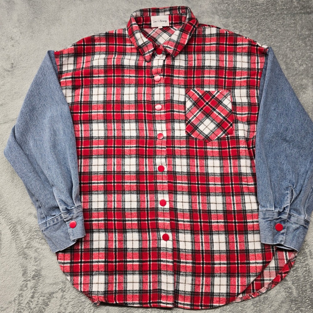 Love + Harmony Red Plaid Flannel & Denim Button Down Shirt Womens S Pocket